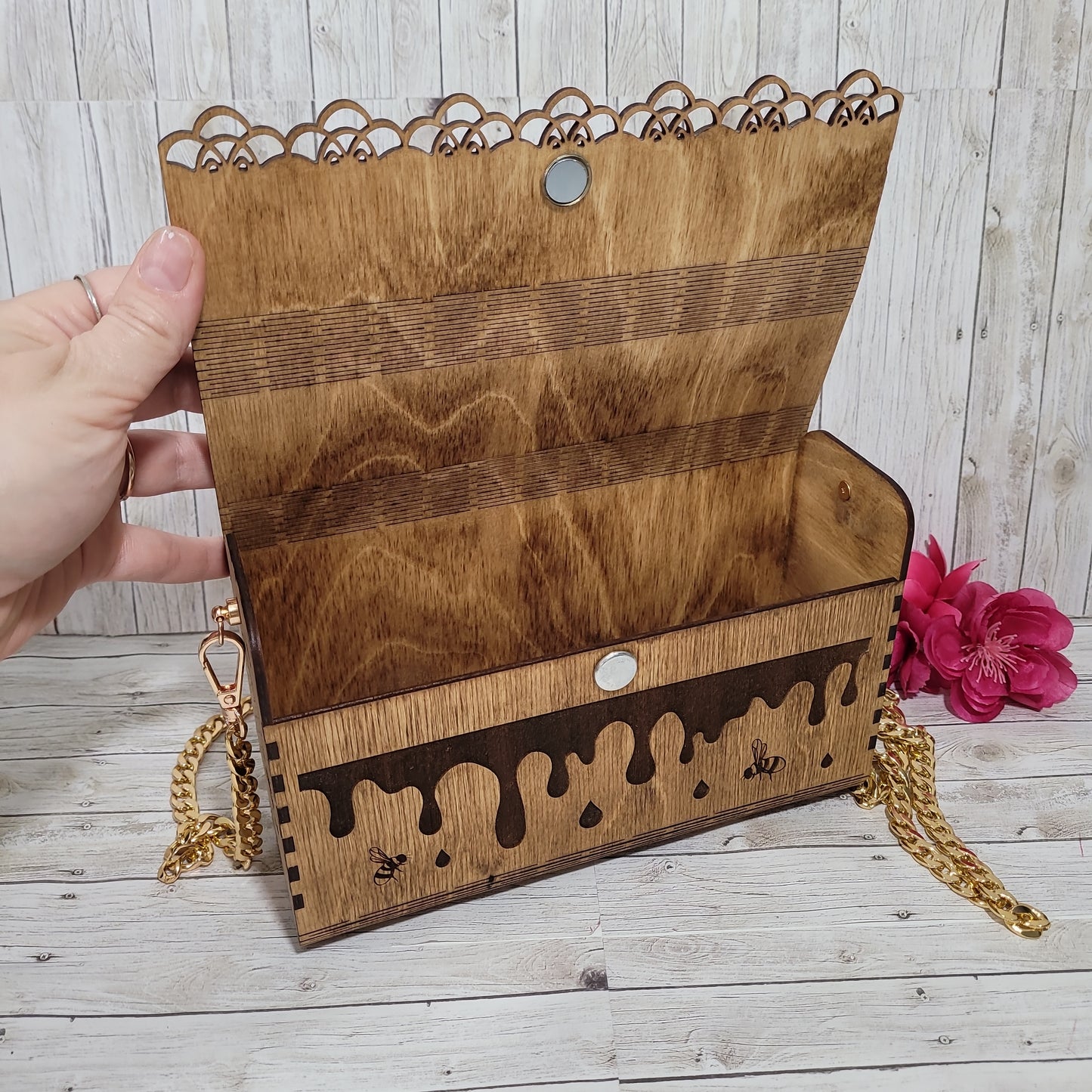 Wooden Engraved Bee Purse with Gold Chain Strap | Handmade Laser Engraved Clutch Bag