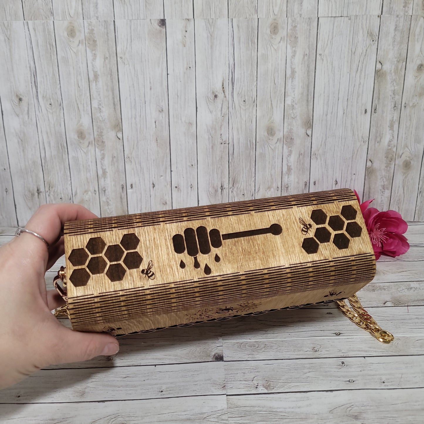 Wooden Engraved Bee Purse with Gold Chain Strap | Handmade Laser Engraved Clutch Bag