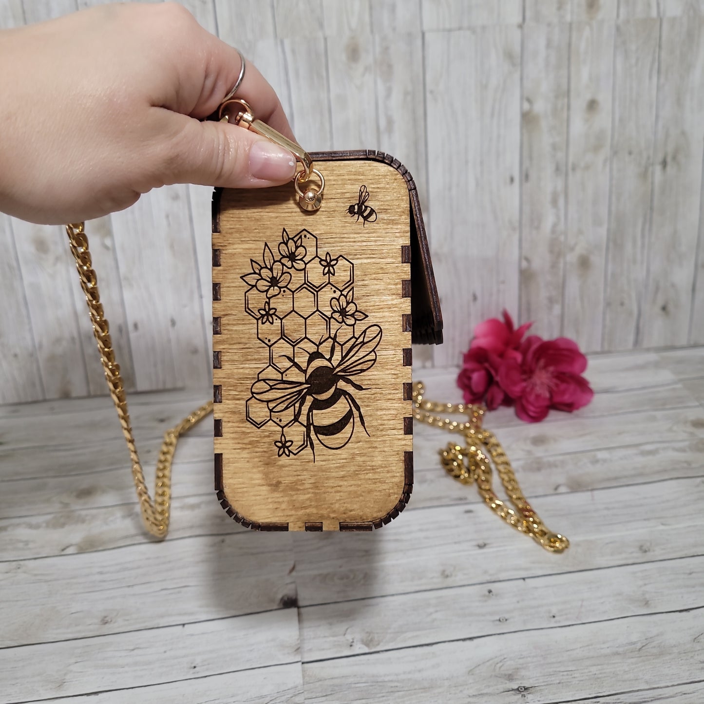 Wooden Engraved Bee Purse with Gold Chain Strap | Handmade Laser Engraved Clutch Bag