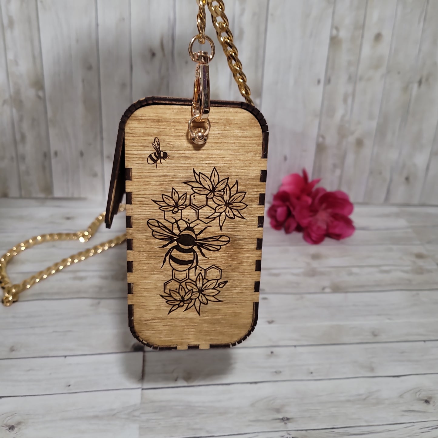 Wooden Engraved Bee Purse with Gold Chain Strap | Handmade Laser Engraved Clutch Bag