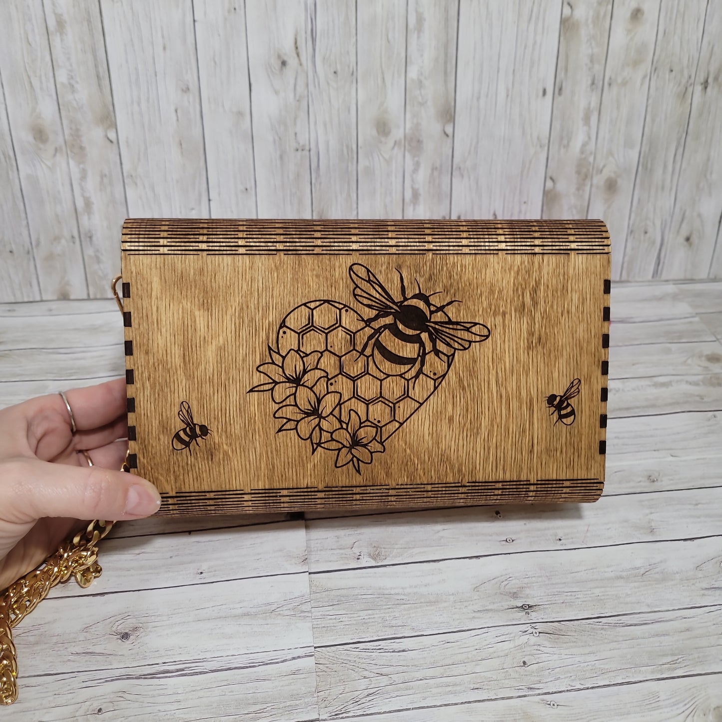 Wooden Engraved Bee Purse with Gold Chain Strap | Handmade Laser Engraved Clutch Bag