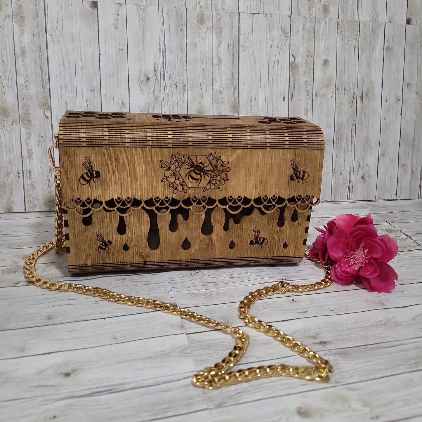 Wooden Engraved Bee Purse with Gold Chain Strap | Handmade Laser Engraved Clutch Bag